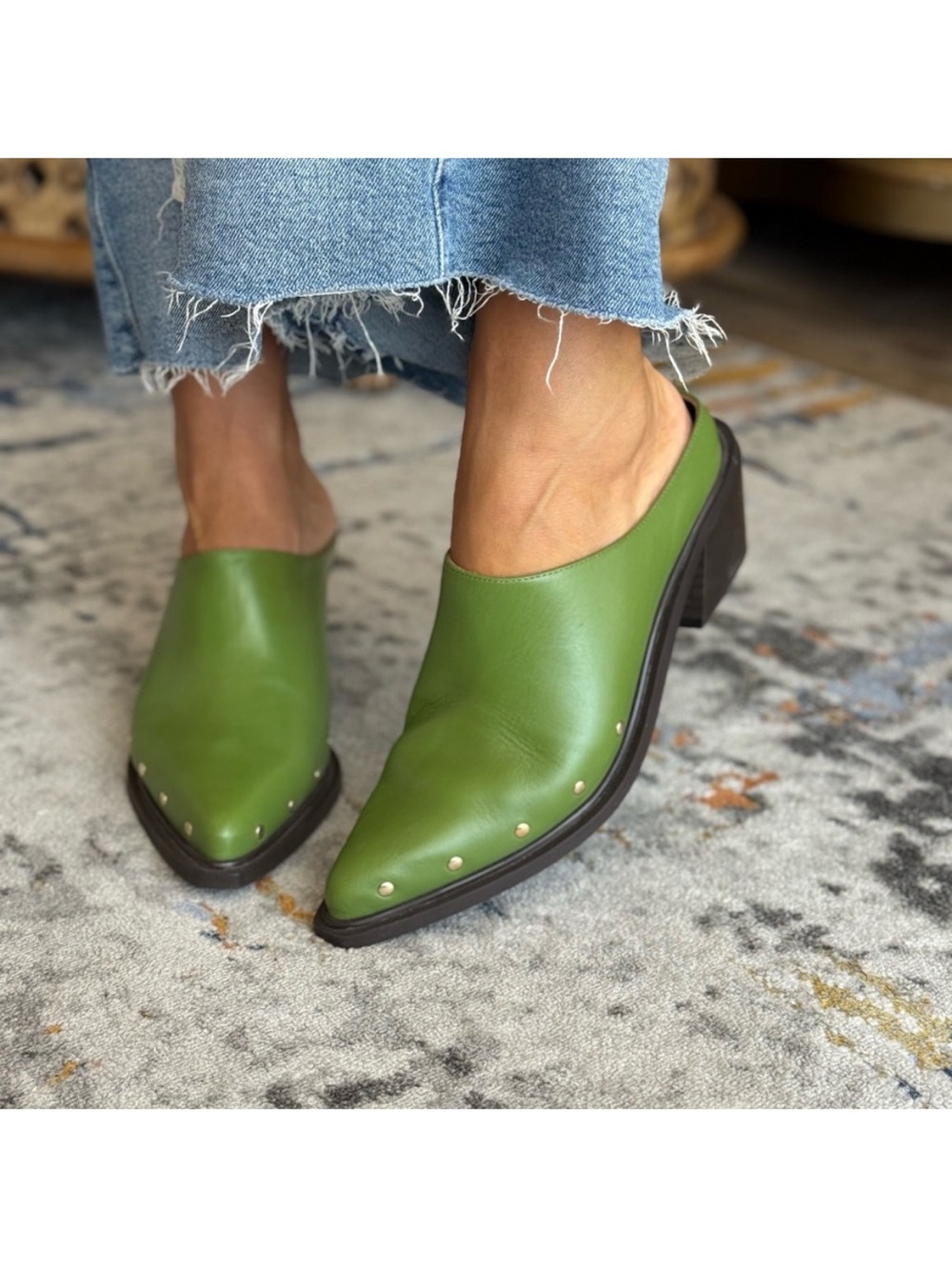 ALOHAS Olive Green Leather Studded Mules